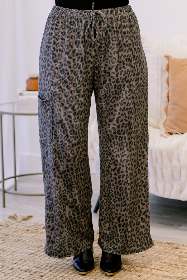 Chic Soul plus size clothing, brown leopard drawstring flowy pants with cargo pockets on the side 