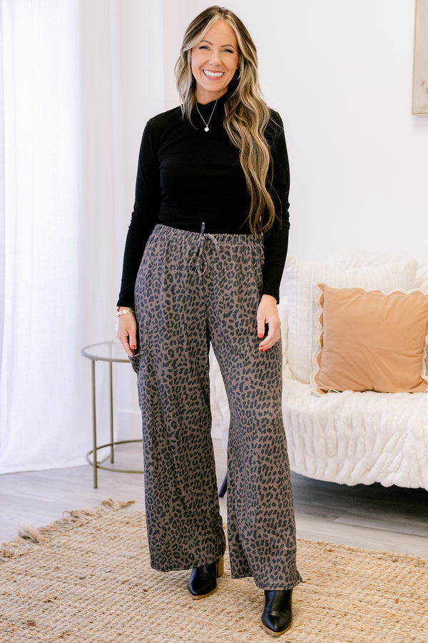 Chic Soul plus size clothing, brown leopard drawstring flowy pants with cargo pockets on the side 