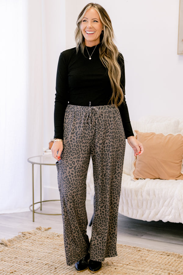 Chic Soul plus size clothing, brown leopard drawstring flowy pants with cargo pockets on the side 