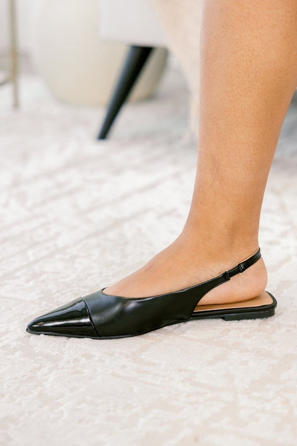 Chic Soul plus size clothing, point toed black strap flats with patent leather tips