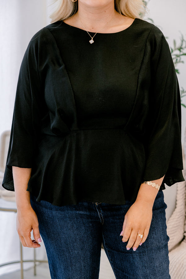 Chic Soul plus size clothing, black  baby doll top with flowy half sleeves 