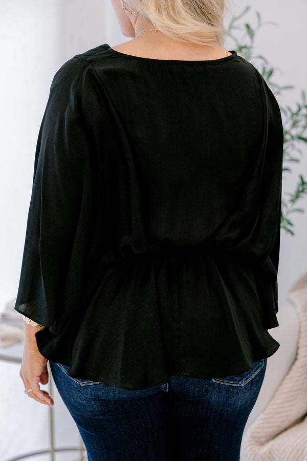 Chic Soul plus size clothing, black  baby doll top with flowy half sleeves 