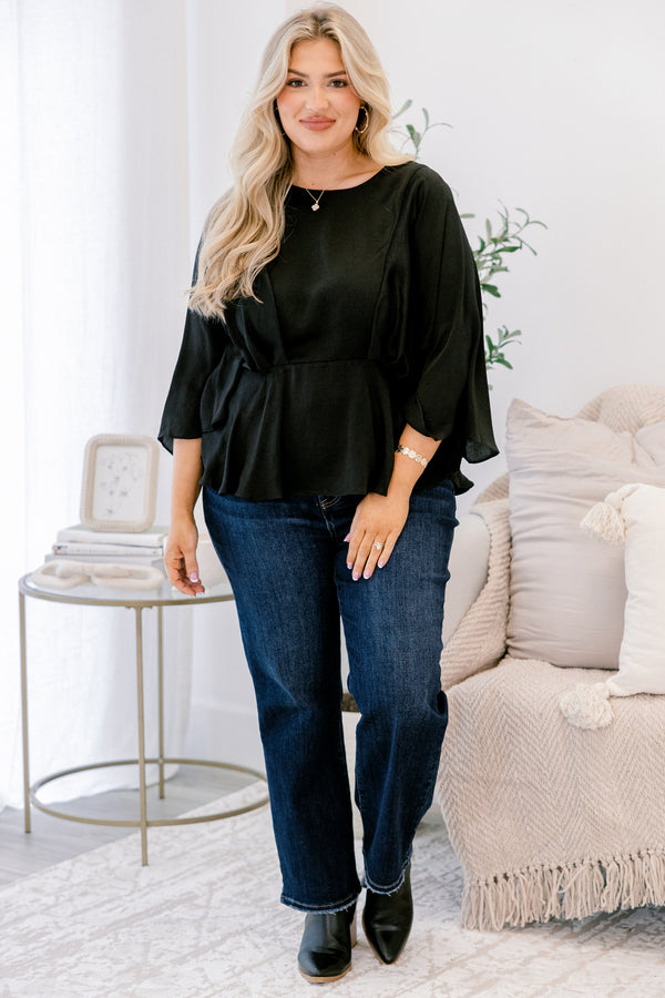 Chic Soul plus size clothing, black  baby doll top with flowy half sleeves 