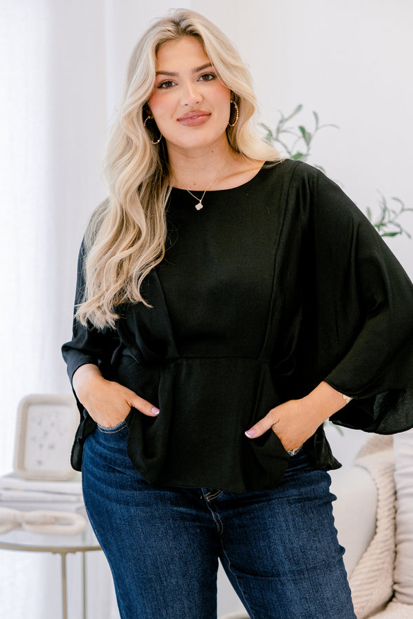 Chic Soul plus size clothing, black  baby doll top with flowy half sleeves 