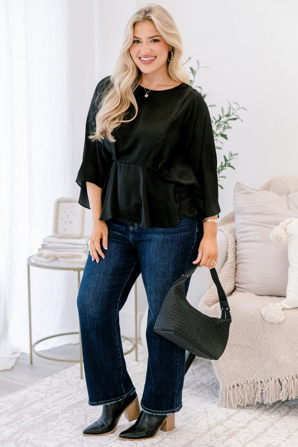 Chic Soul plus size clothing, black  baby doll top with flowy half sleeves 