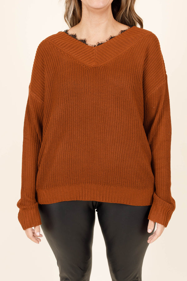 Chic Soul plus size clothing, chestnut knitted sweater with lace detail along the neck line