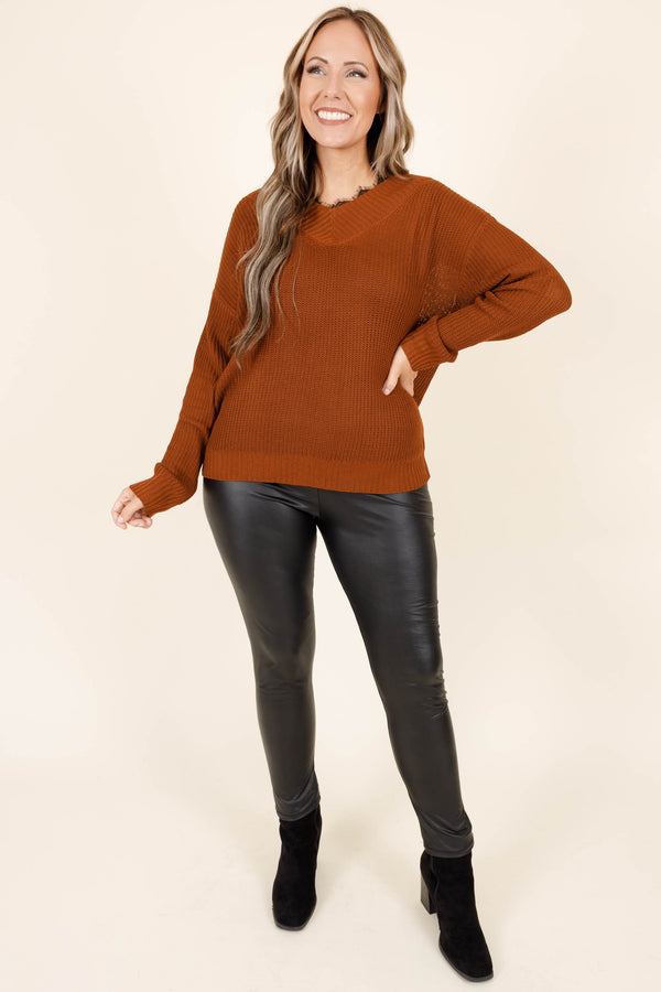 Chic Soul plus size clothing, chestnut knitted sweater with lace detail along the neck line