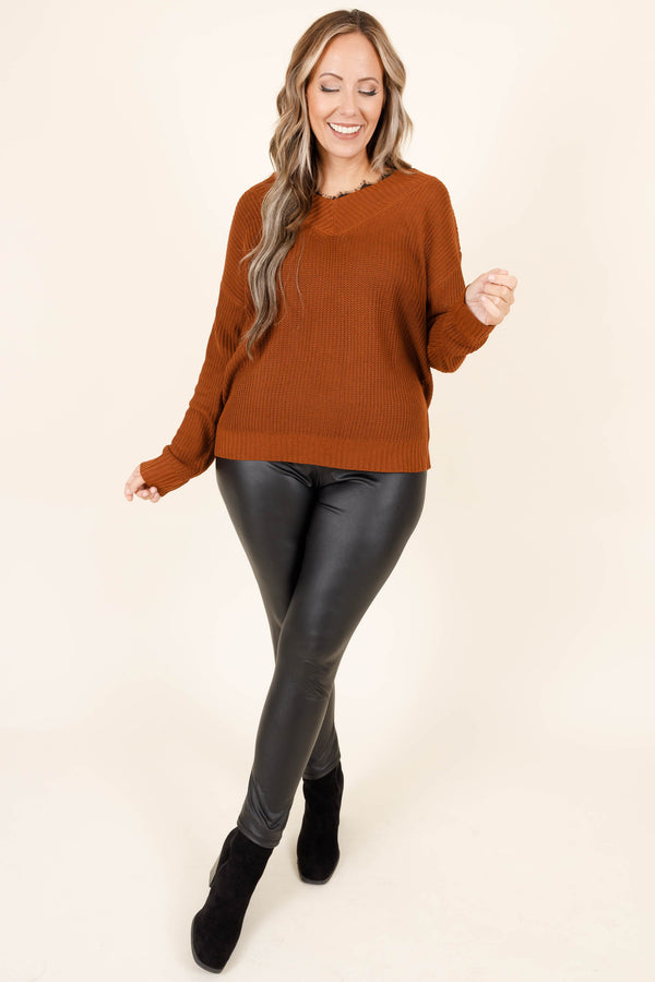 Chic Soul plus size clothing, chestnut knitted sweater with lace detail along the neck line