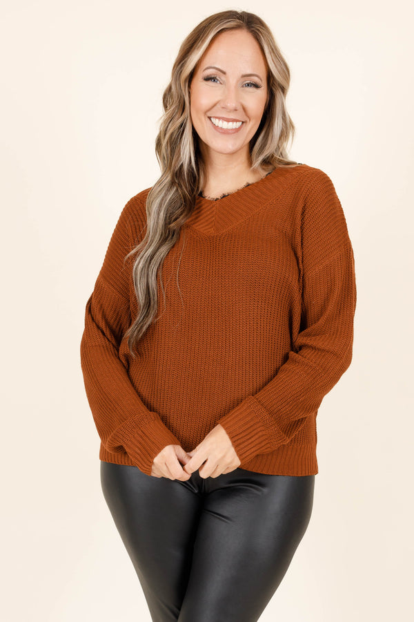 Chic Soul plus size clothing, chestnut knitted sweater with lace detail along the neck line