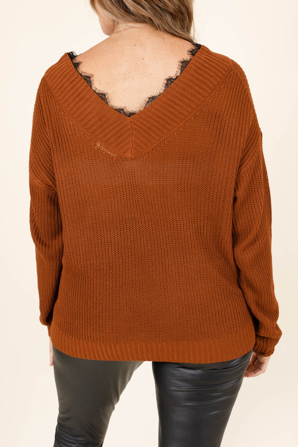 Chic Soul plus size clothing, chestnut knitted sweater with lace detail along the neck line