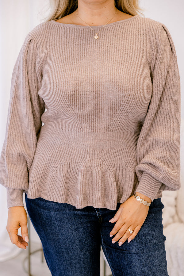 Chic Soul plus size clothing, light tan long sleeve knit sweater with puff sleeves and cinching at the waist and ruffle hem
