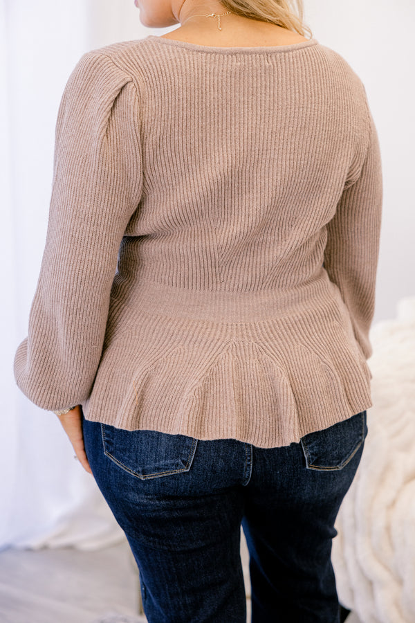 Chic Soul plus size clothing, light tan long sleeve knit sweater with puff sleeves and cinching at the waist and ruffle hem
