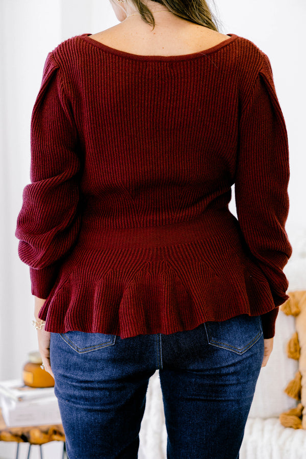 Chic Soul plus size clothing, burgundy red peplum sweater top