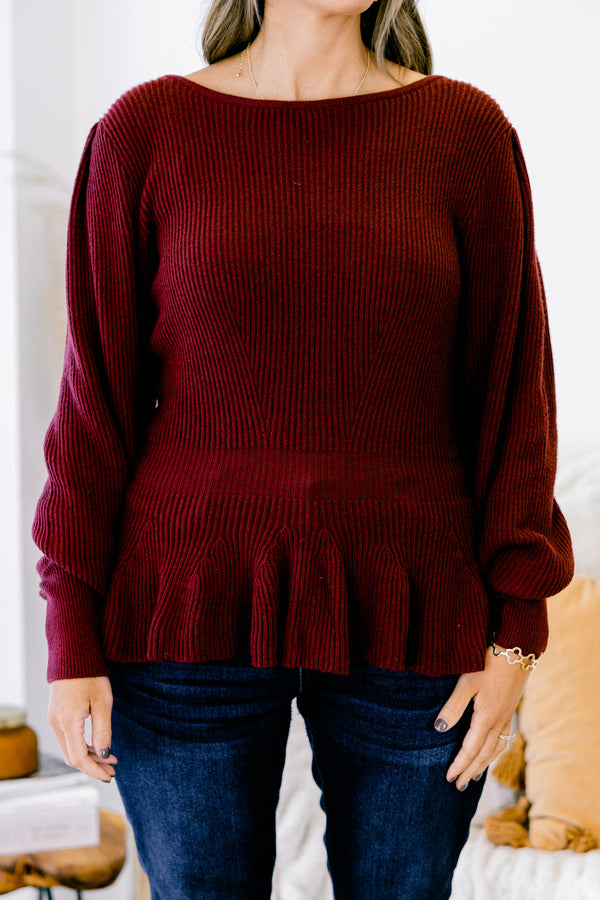 Chic Soul plus size clothing, burgundy red peplum sweater top