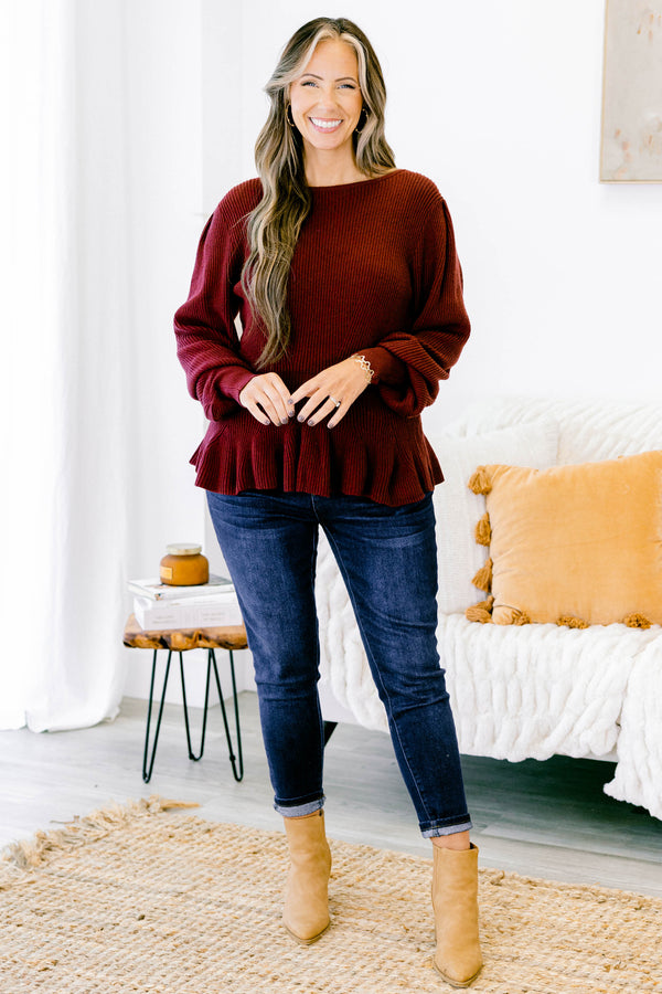 Chic Soul plus size clothing, burgundy red peplum sweater top