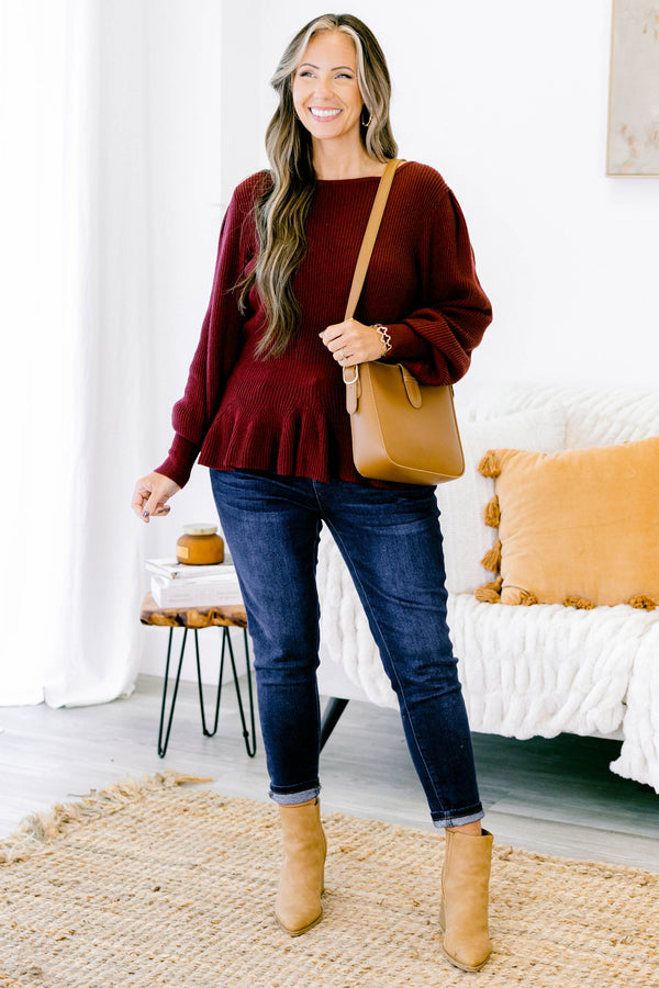 Chic Soul plus size clothing, burgundy red peplum sweater top