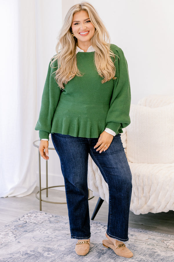 Chic Soul plus size clothing, green long sleeve peplum sweater 