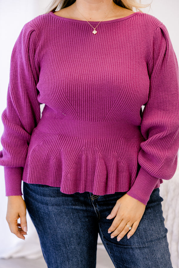 Chic Soul plus size clothing, magenta long sleeve knit ribbed sweater, cinched at the waist and ruffles at the hem