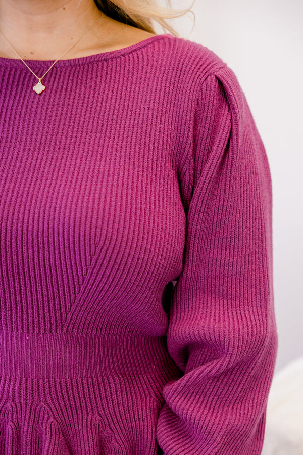 Chic Soul plus size clothing, magenta long sleeve knit ribbed sweater, cinched at the waist and ruffles at the hem