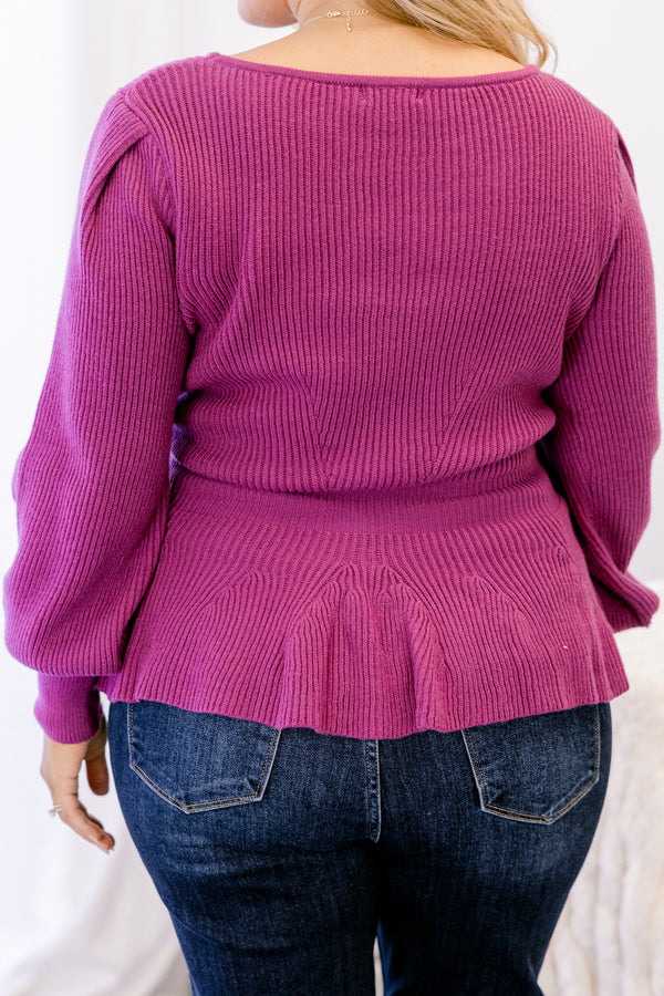 Chic Soul plus size clothing, magenta long sleeve knit ribbed sweater, cinched at the waist and ruffles at the hem