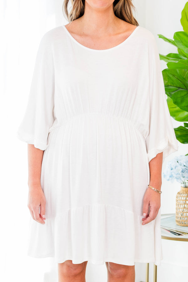 Chic Soul plus size clothing, white mini dress with three quarter length sleeves with synched waist