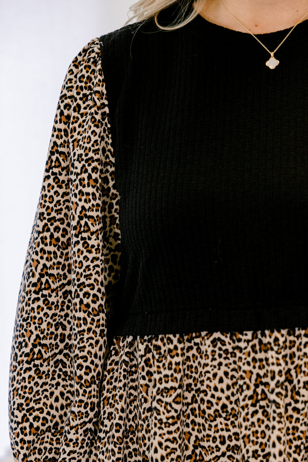 Chic Soul plus size clothing, black leopard short dress with long sleeves sand the bust area has a black sweater detail throughout it 