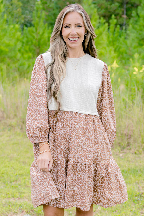 Chic Soul plus size clothing, brown and ditsy white floral long bubble sleeve short dress with white cropped knitted vest top