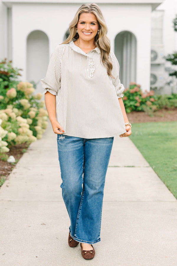 Plus Size brown and white striped top with a ruffled collar, button placket, and elbow-length sleeves.