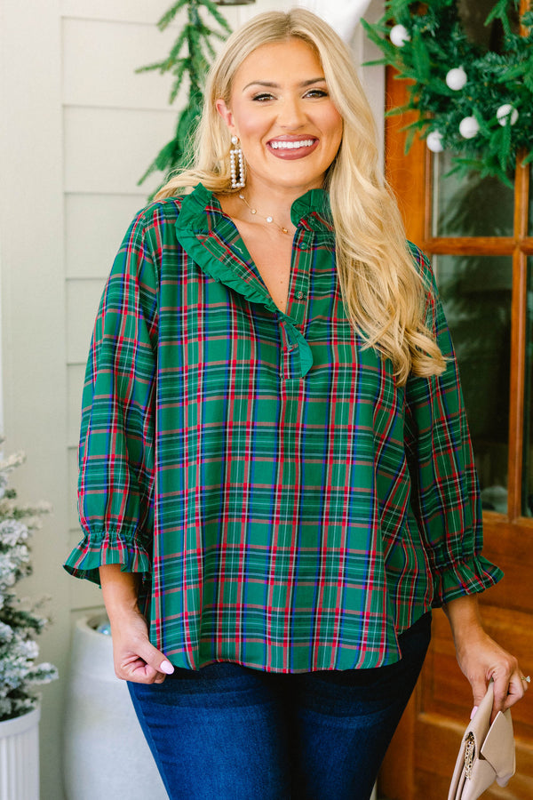 Chic Soul plus size clothing, green and red plaid mid sleeve top with green ruffle oversized collar