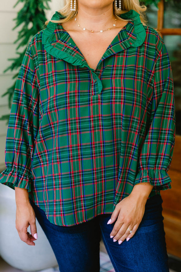 Chic Soul plus size clothing, green and red plaid mid sleeve top with green ruffle oversized collar