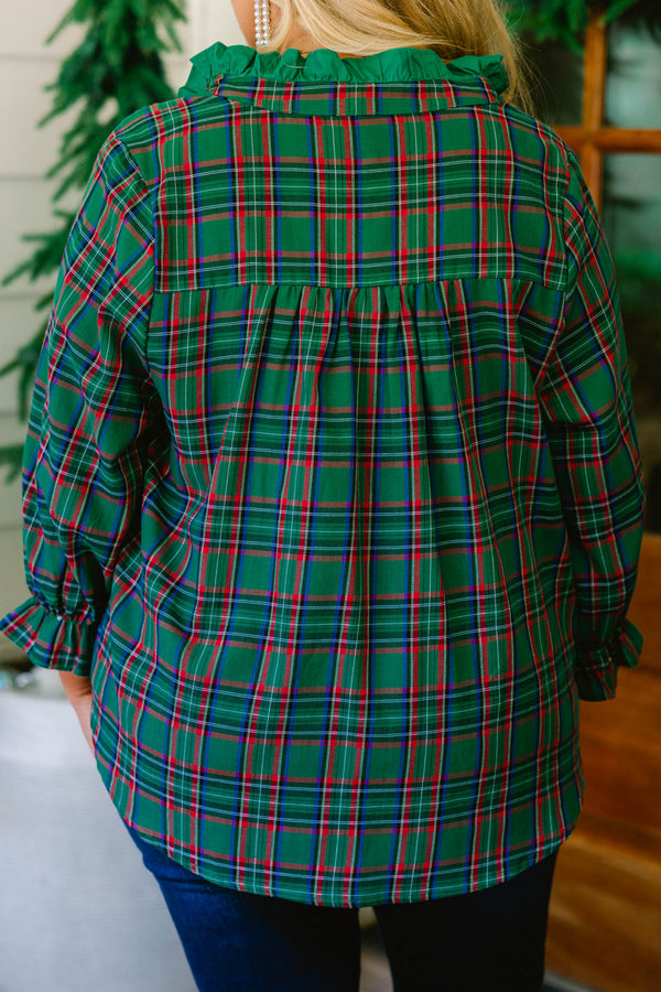 Chic Soul plus size clothing, green and red plaid mid sleeve top with green ruffle oversized collar