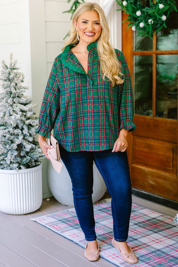 Chic Soul plus size clothing, green and red plaid mid sleeve top with green ruffle oversized collar
