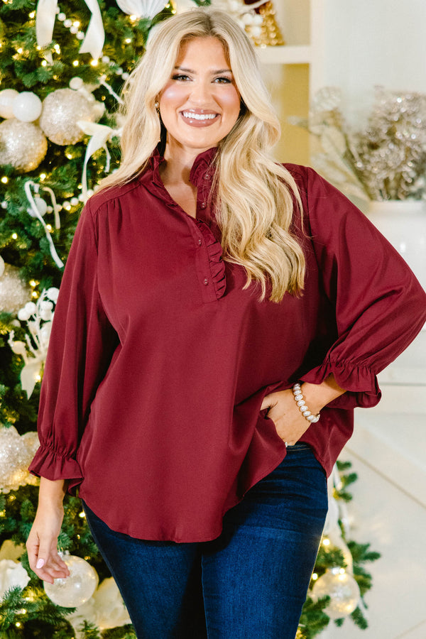 Chic Soul plus size clothing, dark red long sleeve blouse with buttons down the front and ruffles on the sleeves and along the buttons
