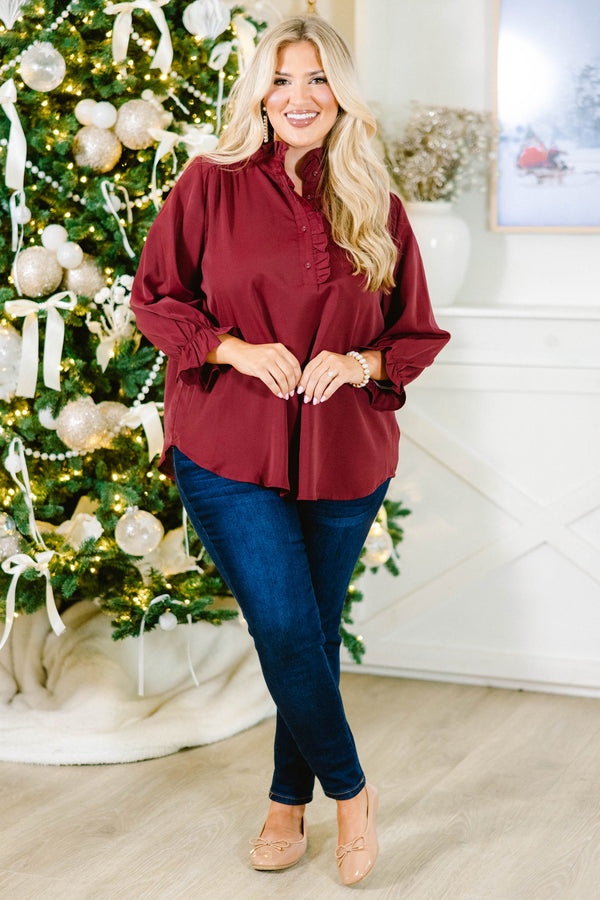 Chic Soul plus size clothing, dark red long sleeve blouse with buttons down the front and ruffles on the sleeves and along the buttons