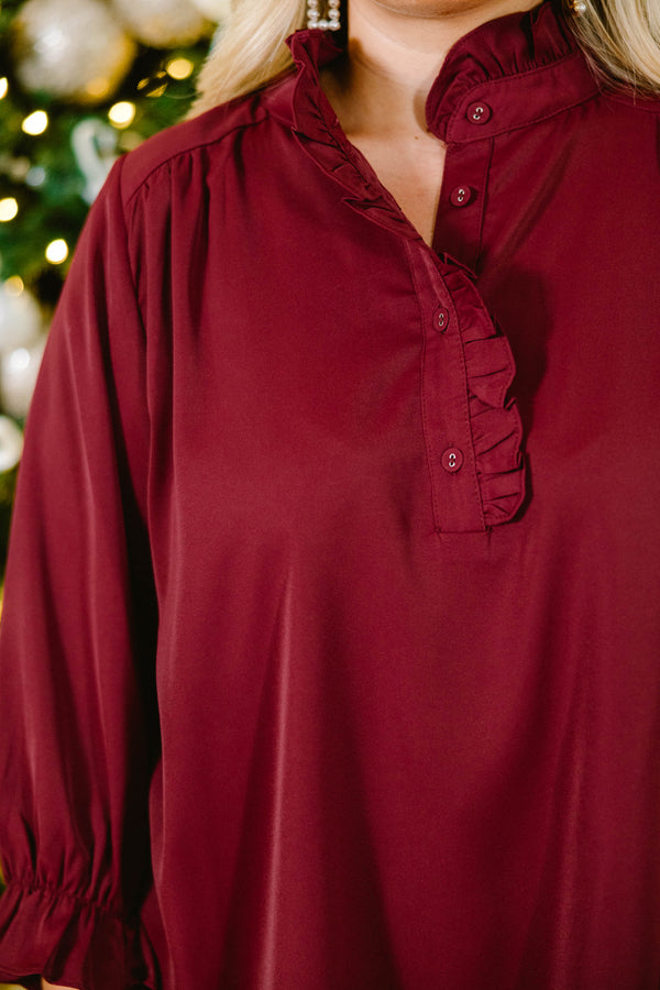 Chic Soul plus size clothing, dark red long sleeve blouse with buttons down the front and ruffles on the sleeves and along the buttons