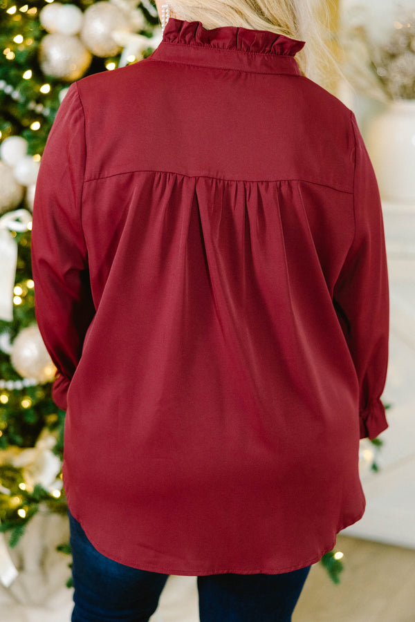 Chic Soul plus size clothing, dark red long sleeve blouse with buttons down the front and ruffles on the sleeves and along the buttons