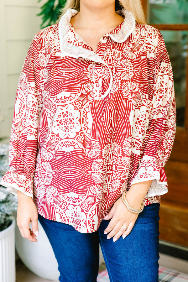 Chic Soul plus size clothing, red and cream abstract pattern long sleeve blouse with ruffle on the collar and end of the sleeves
