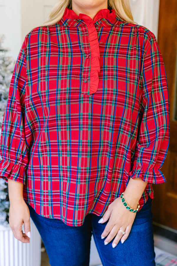 Chic Soul plus size clothing, red and blue plaid long sleeve top with red frill collar and cinched sleeves