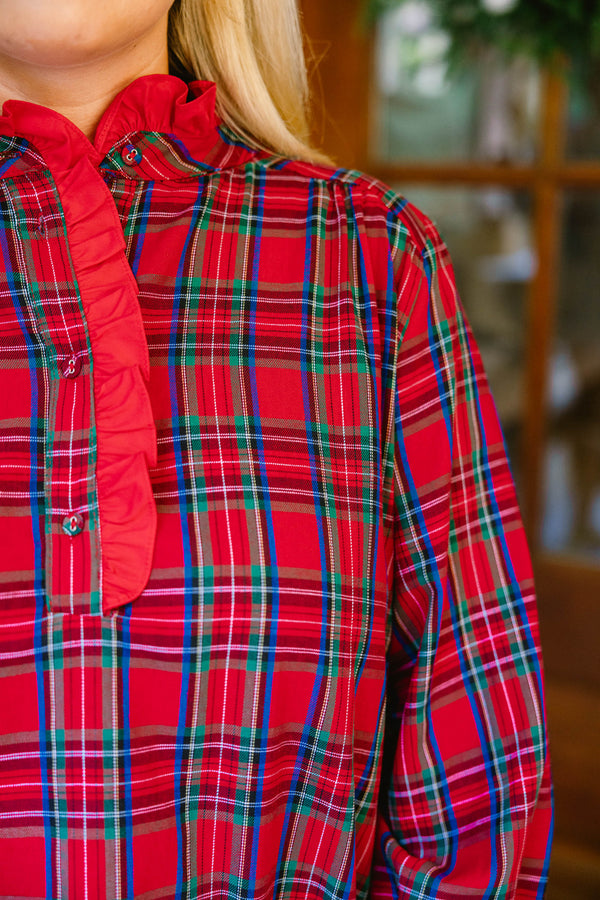 Chic Soul plus size clothing, red and blue plaid long sleeve top with red frill collar and cinched sleeves