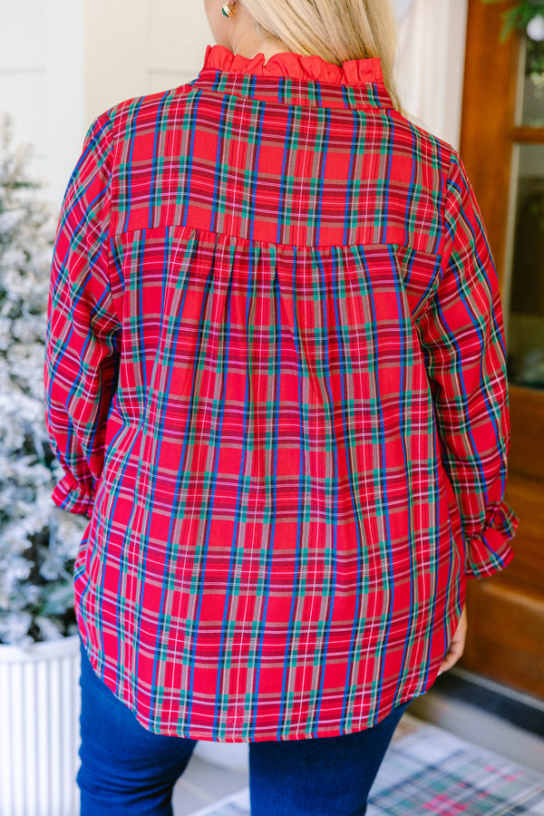 Chic Soul plus size clothing, red and blue plaid long sleeve top with red frill collar and cinched sleeves