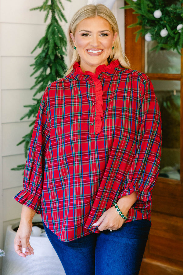 Chic Soul plus size clothing, red and blue plaid long sleeve top with red frill collar and cinched sleeves