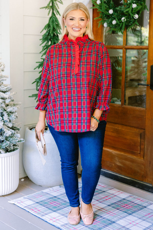 Chic Soul plus size clothing, red and blue plaid long sleeve top with red frill collar and cinched sleeves