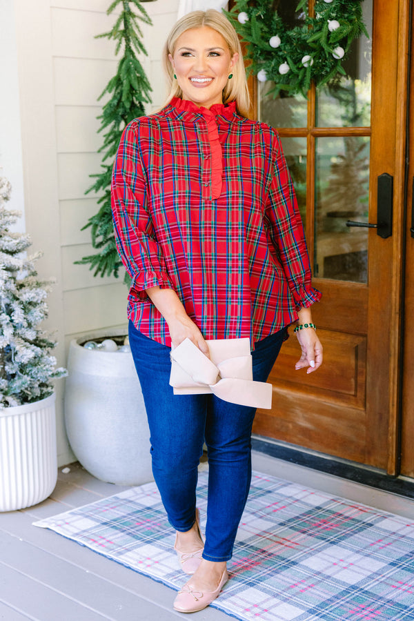 Chic Soul plus size clothing, red and blue plaid long sleeve top with red frill collar and cinched sleeves