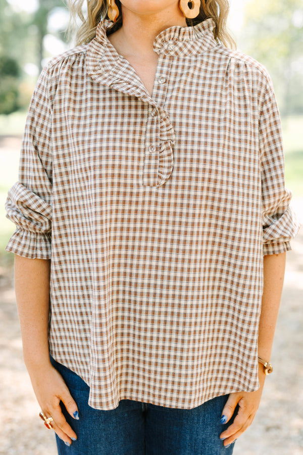 Plus Size brown and white gingham check top with a ruffled collar and button-down neckline.