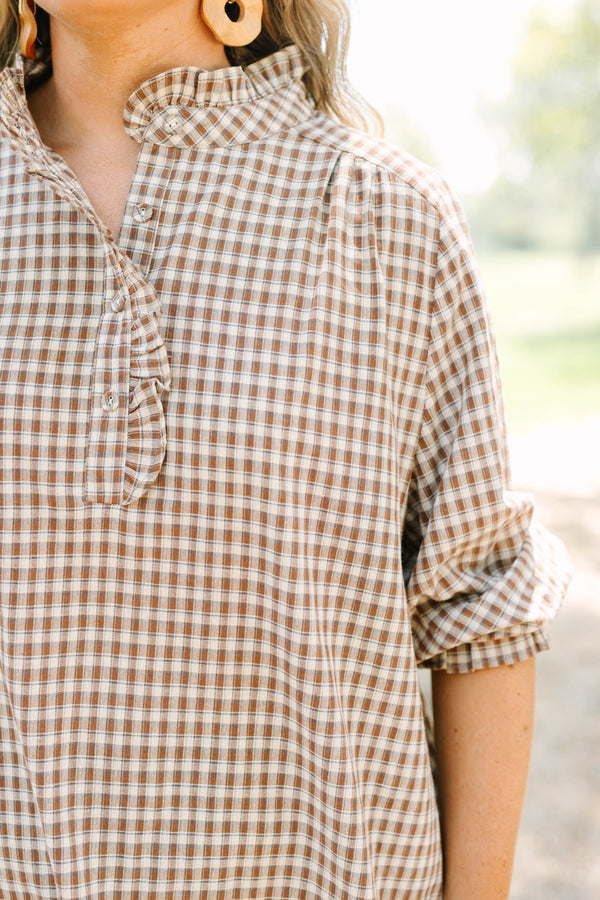 Plus Size brown and white gingham check top with a ruffled collar and button-down neckline.