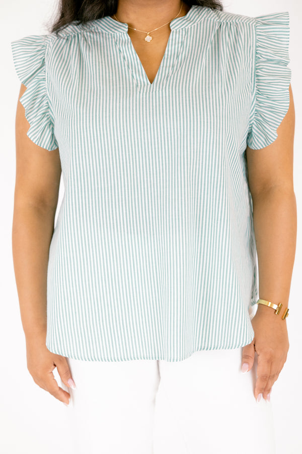 Chic Soul plus size clothing, aqua stripe top with flutter sleeves and a slight v-neckline 