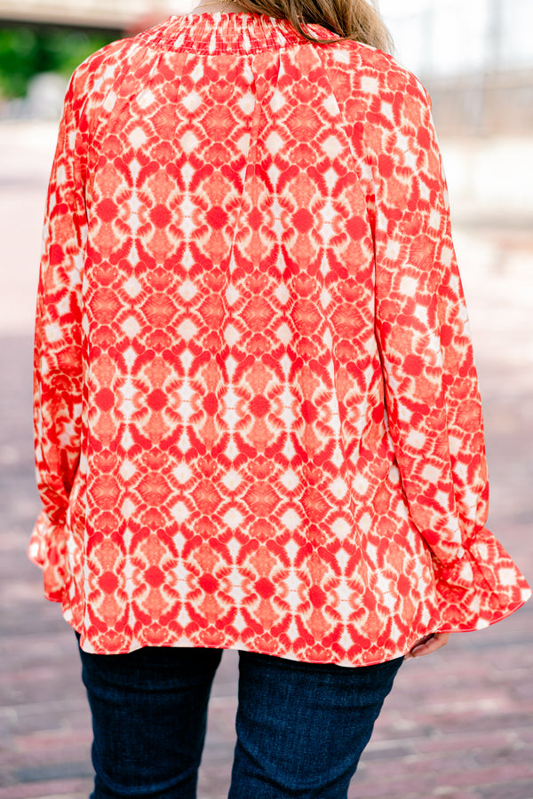 Chic Soul plus size clothing, rust red and orange abstract print long sleeve top