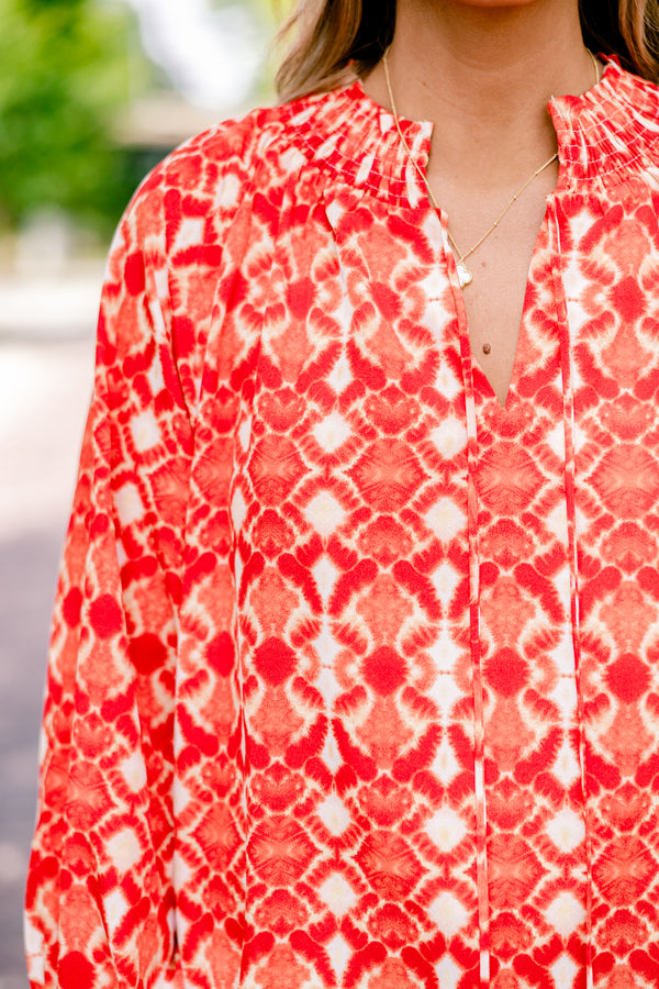 Chic Soul plus size clothing, rust red and orange abstract print long sleeve top