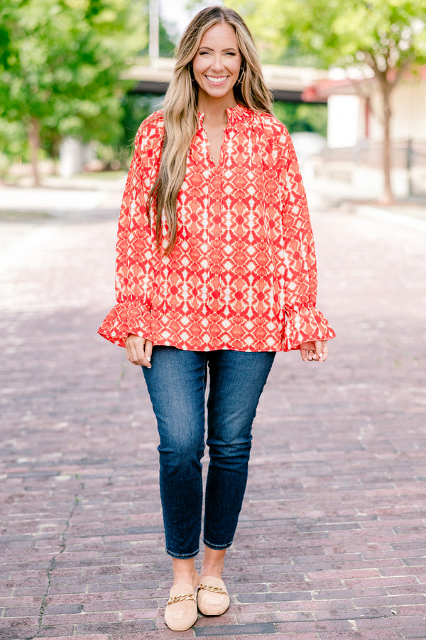 Chic Soul plus size clothing, rust red and orange abstract print long sleeve top