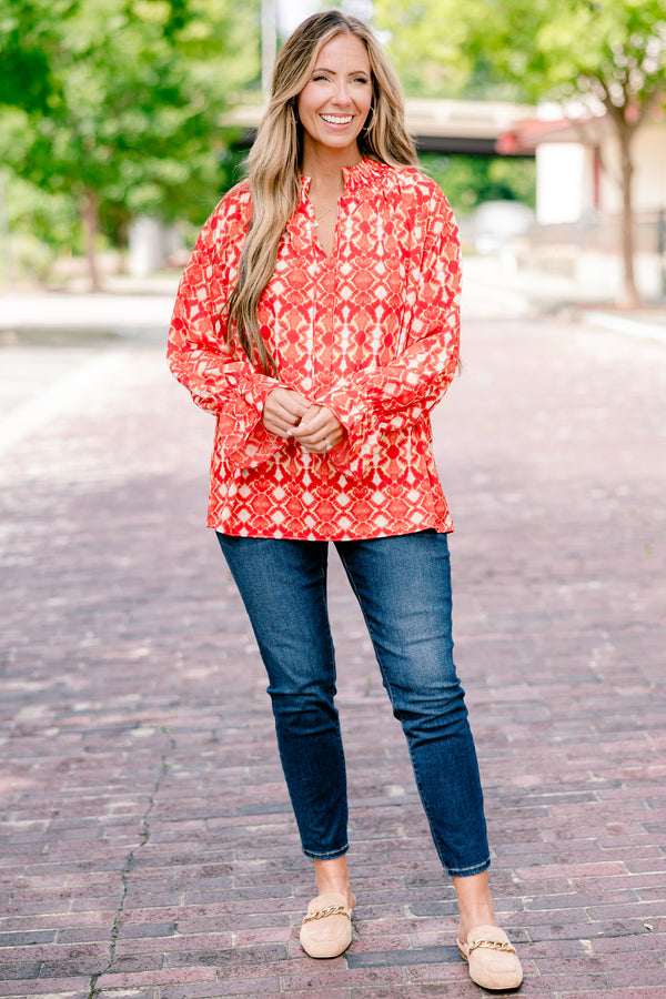 Chic Soul plus size clothing, rust red and orange abstract print long sleeve top